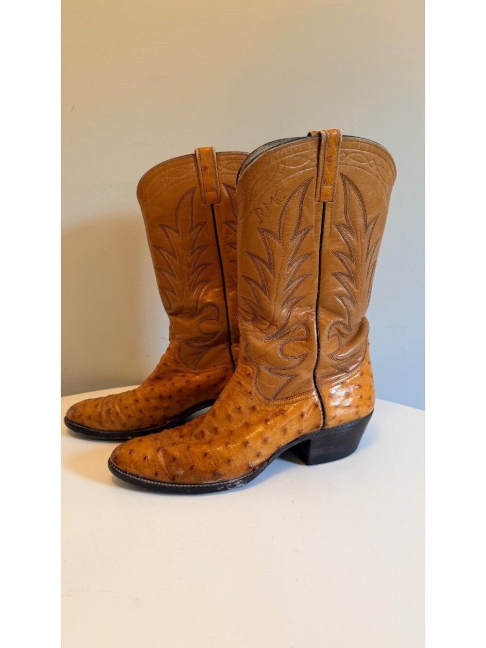 Paul Wheeler Custom Made Tan Ostrich Leather Cowboy Boots Mens 10 D Estimated